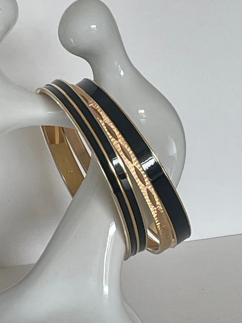Vintage Monet Bangle Bracelets Set of 3 Gold Plate and Black Enamel Size 7.75